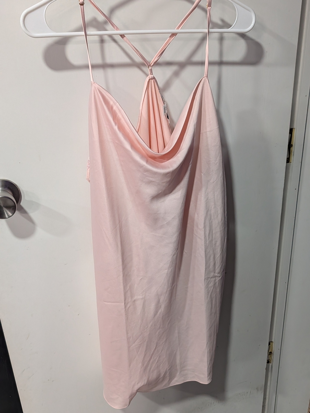 Silky Blush Pink Cowl-Neck Slip Dress with Knotted Racerback
